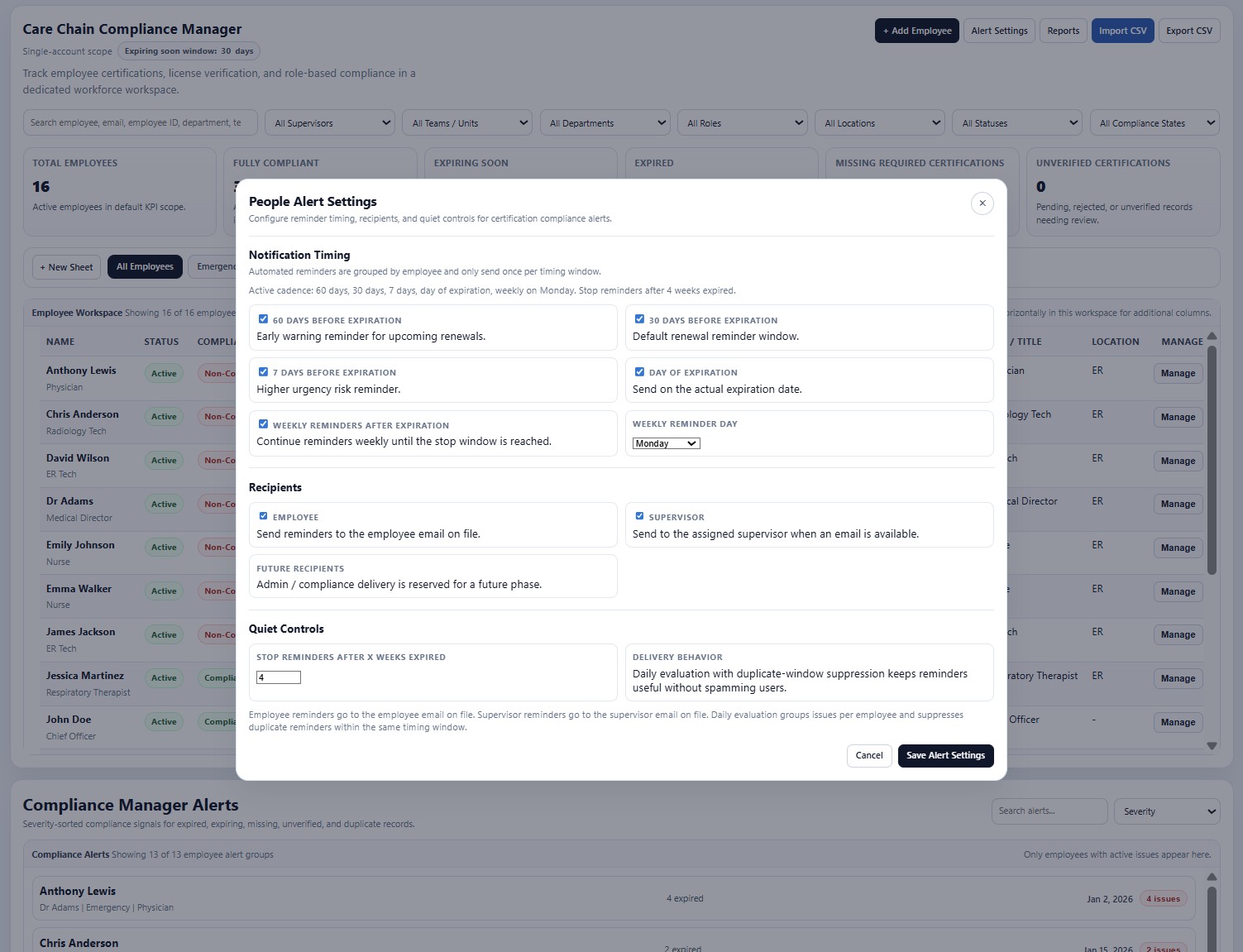 Care Chain Compliance Manager certification renewal alerts